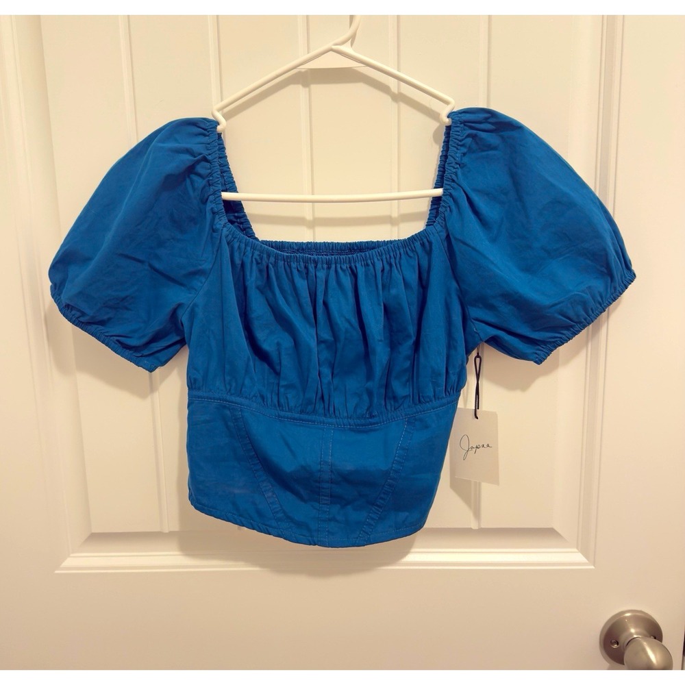 Japna Women's Teal Green Smocked Puff Short Sleeve Square Neck Crop Top Size S